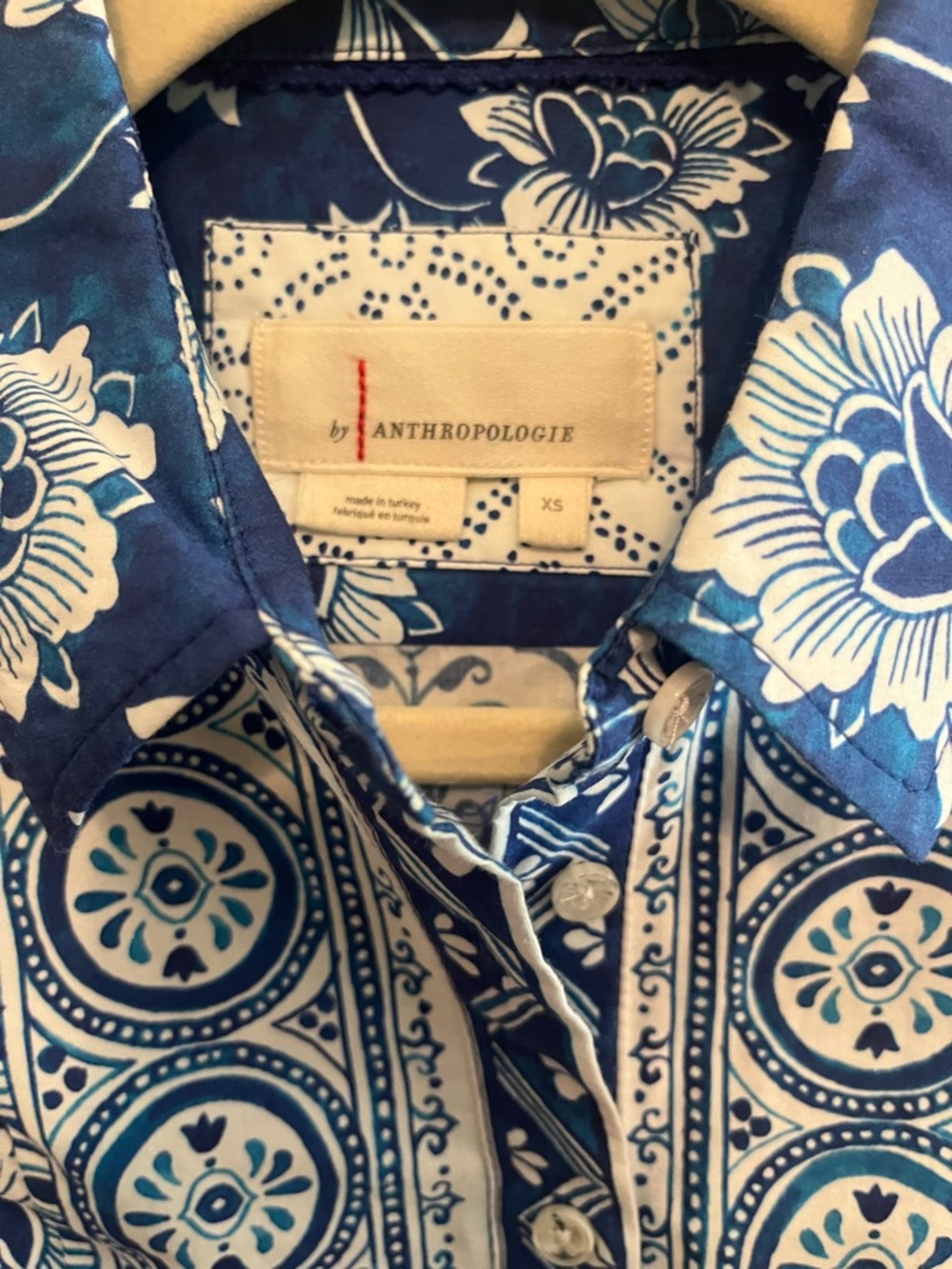 Anthro Blue White Tile Print Shirt Dress XS Button Down Coastal Preppy Chic - Picture 7 of 12